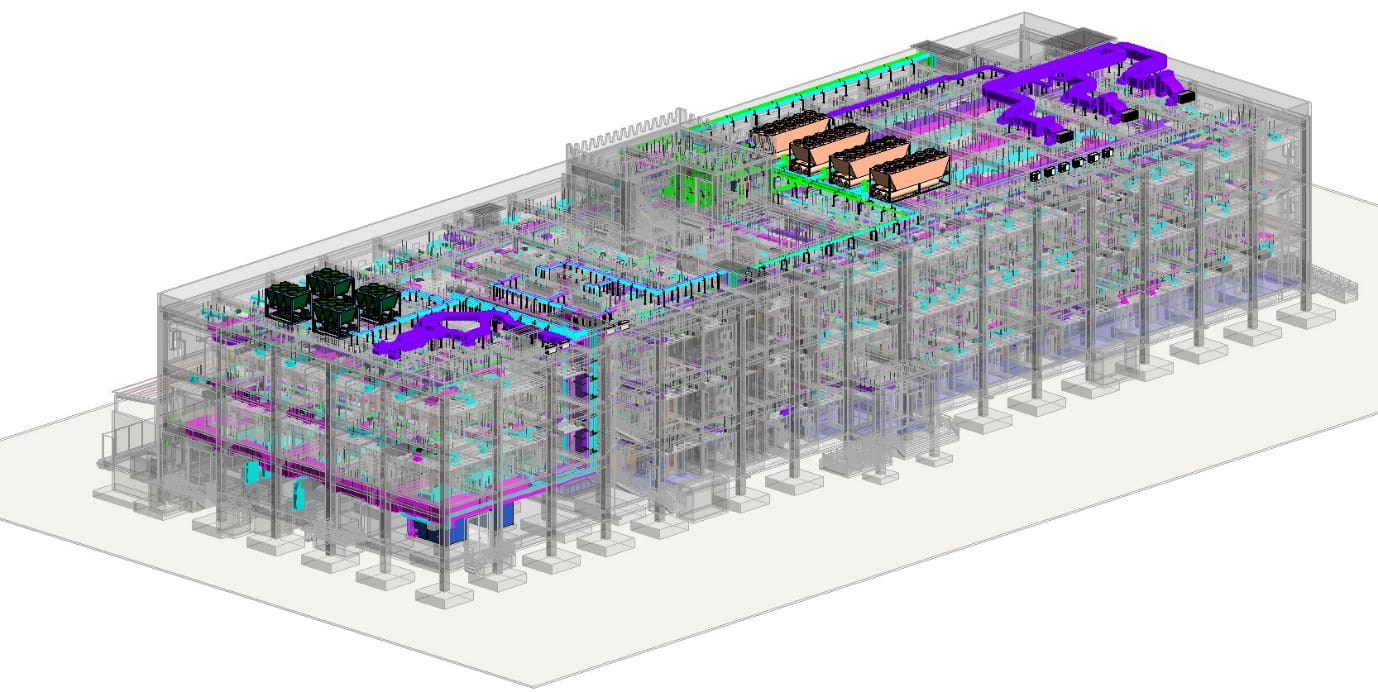 BIM Coordination showing multi-discipline model integration with clash detection and system coordination between structural and MEP elements