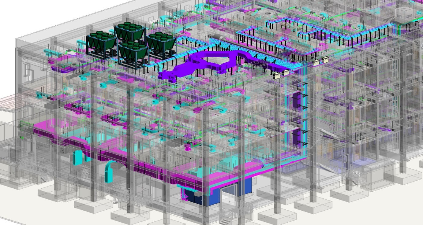 BIM clash detection showing identified spatial conflicts between building systems with highlighted interference points and resolution options