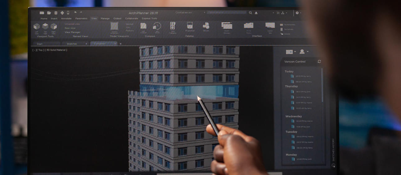 BIM Space Management showing spatial utilization analysis with department color-coding, occupancy data, and planning scenarios for facility optimization